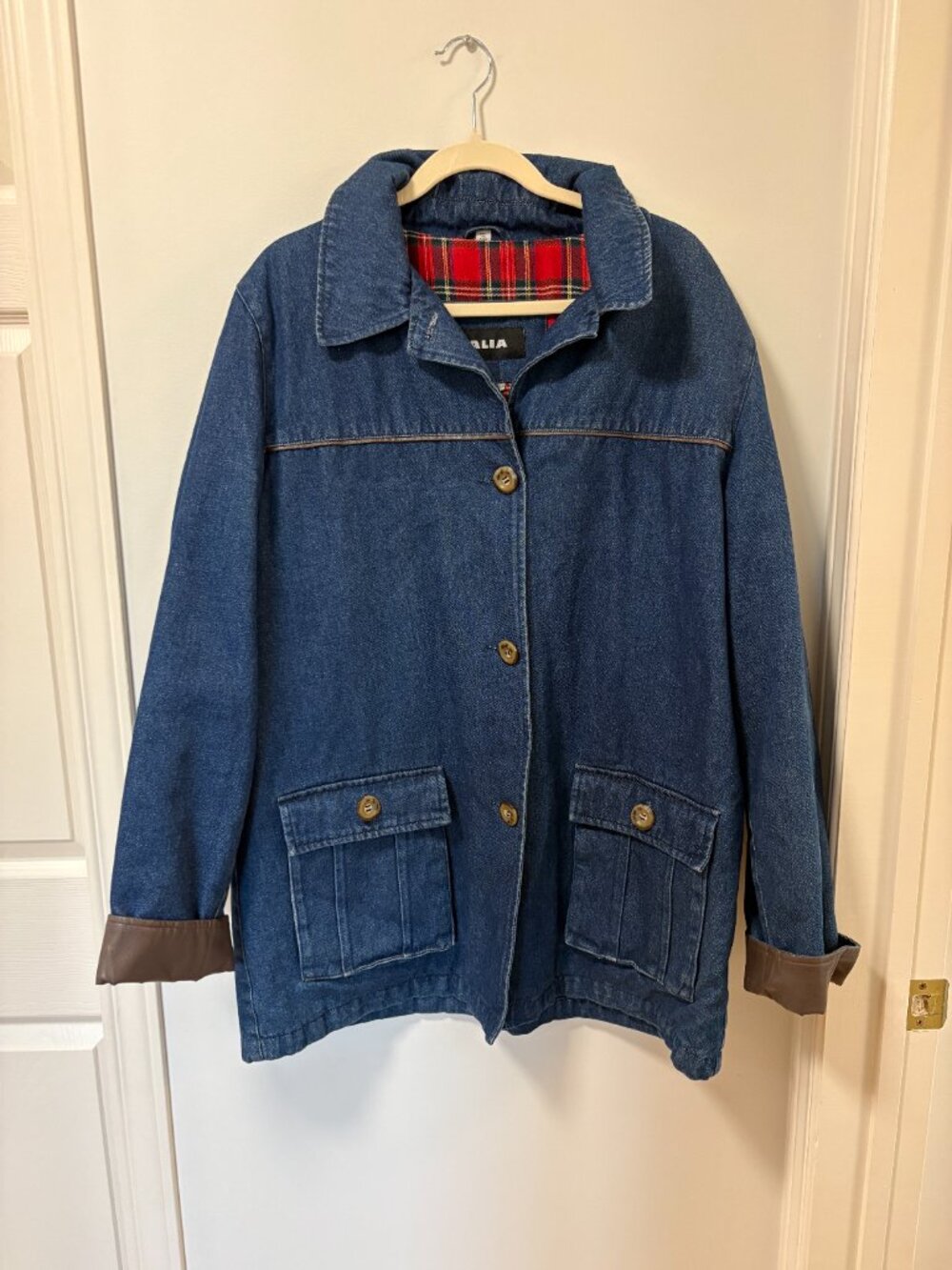 Vtg Barn Jacket Womens Blue Denim 90s Flannel Lined Chore Collar Faux Leather 18